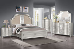 Experience timeless sophistication with the Reflection 5 Piece Bedroom Set in Silver, comprising a stunning bed, dresser, mirror, chest, and nightstand. Crafted from solid Pine and manufactured wood, this collection ensures lasting durability and strength