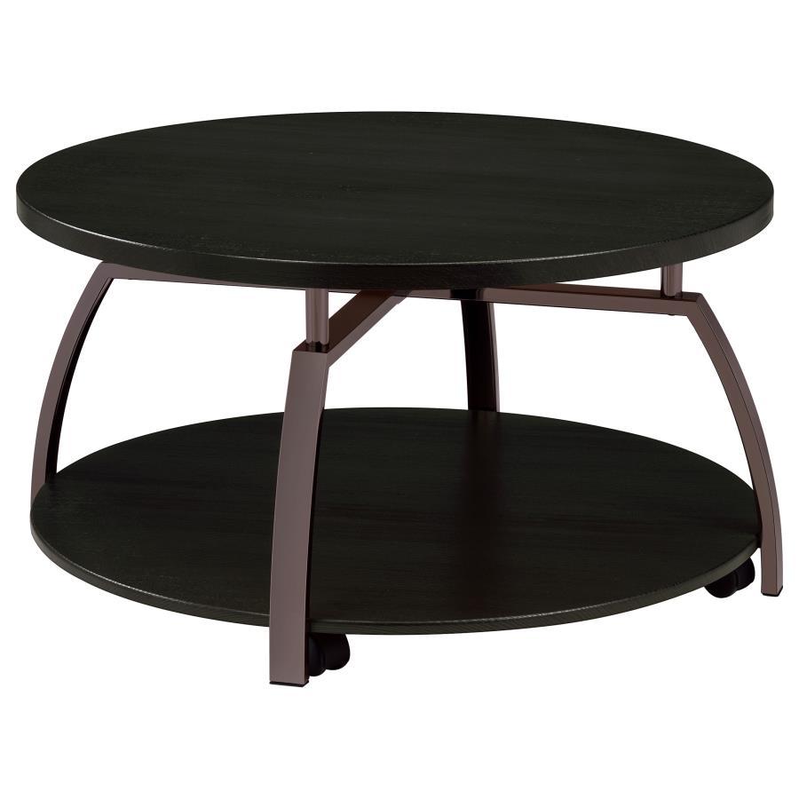 This round coffee table combines sleek design with practical functionality. The engineered wood top and shelf, finished in a scratch-resistant laminate veneer, offer durability and a sophisticated touch. A sturdy metal frame in an electroplated black nick