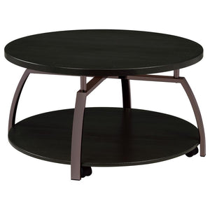 This round coffee table combines sleek design with practical functionality. The engineered wood top and shelf, finished in a scratch-resistant laminate veneer, offer durability and a sophisticated touch. A sturdy metal frame in an electroplated black nick