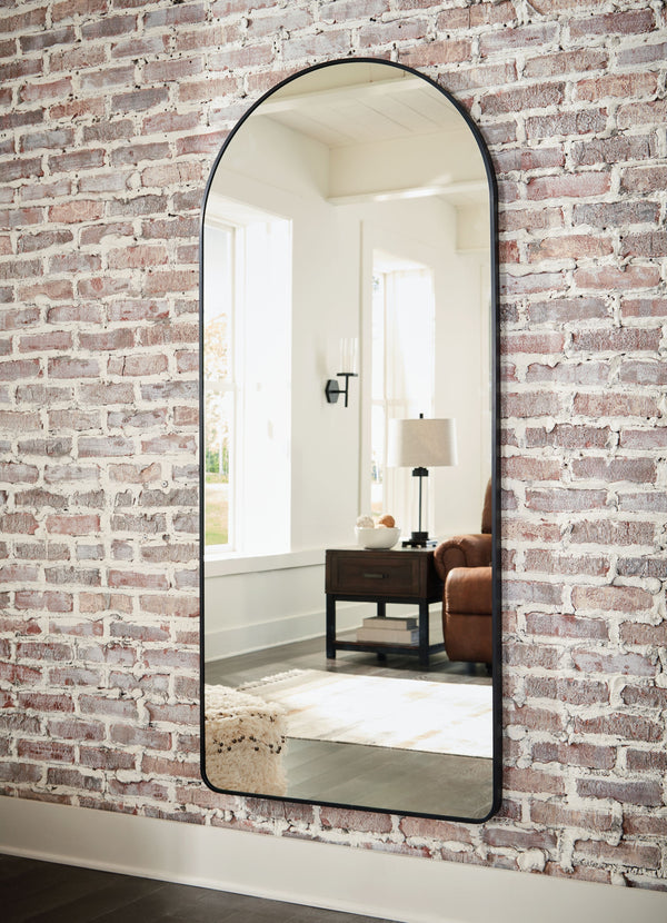 Beauty reflects in contemporary style with this floor mirror. Its black-finished metal creates a lovely curved frame. Standing almost six feet high