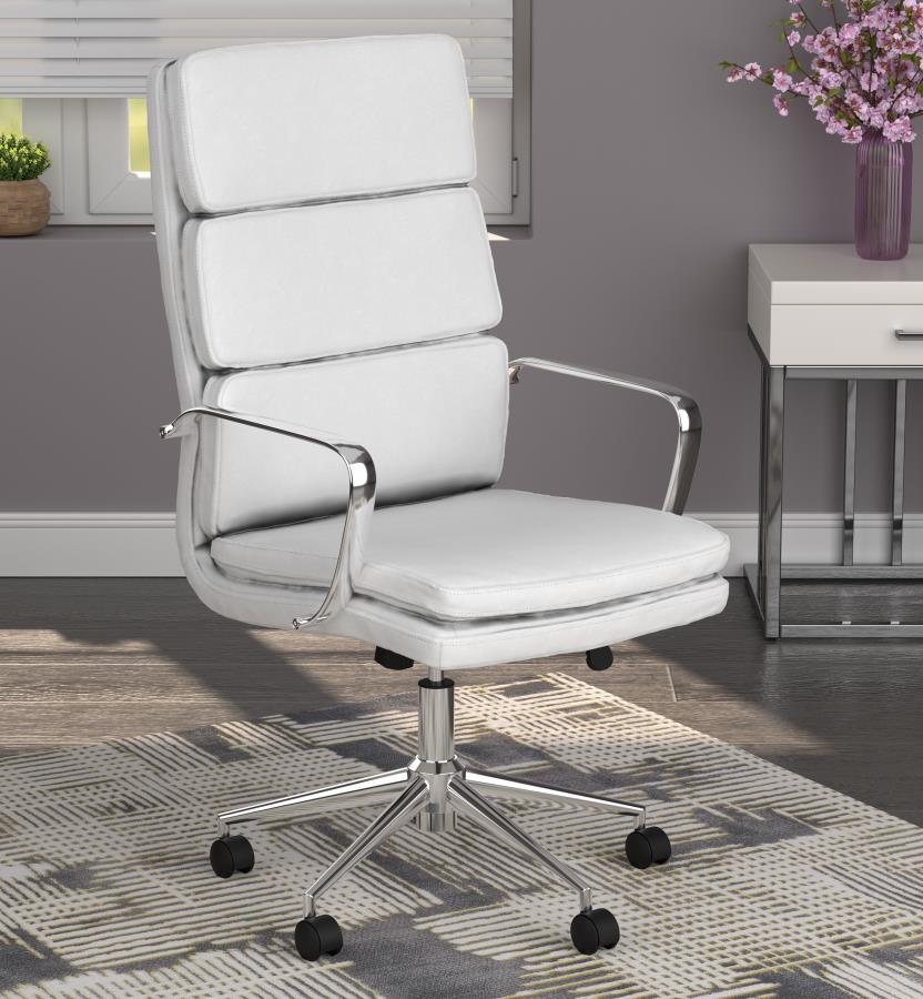 Update your workspace with this modern office chair. A chrome finish on the chair base and contoured arms are a modern touch as is the horizontal stitching on the seat back. This cushioned office chair features an ergonomically contoured back for ideal su