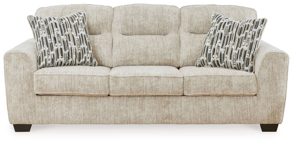 This sofa speaks to those drawn to fresh, contemporary style with richly neutral appeal. Subtle and sophisticated, the plush upholstery and dark tri-block legs are a natural complement for so many color schemes. Two accent pillows make the seating even mo