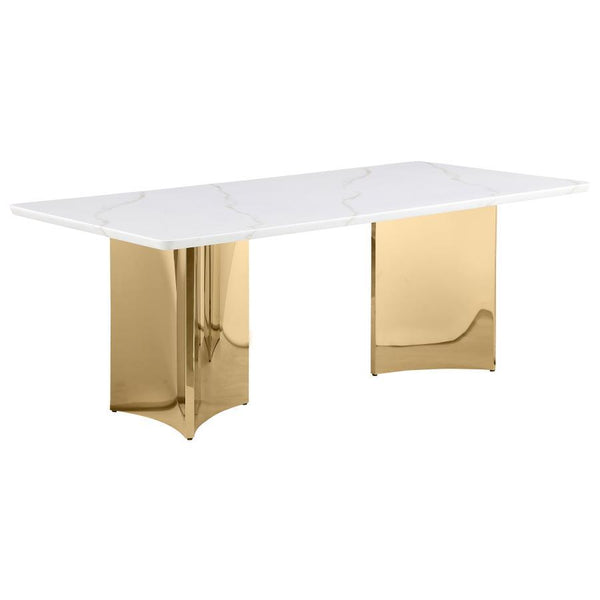 Instill a sense of luxury with this striking contemporary dining table, featuring a genuine white marble table top. The rectangular table, constructed with engineered marble veneer, china white marble, and MDF, comfortably seats friends and family, offeri