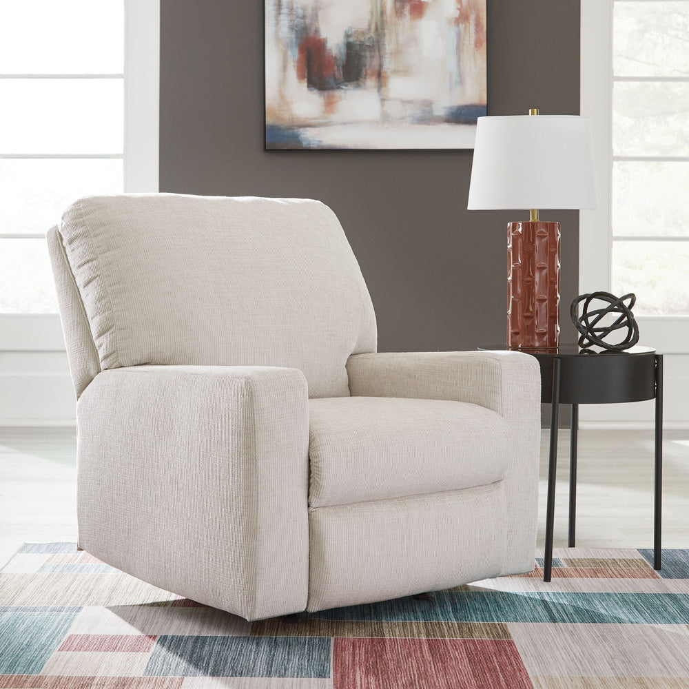 Looking to make a simply chic statement with color? Liven up your living room with this rocker recliner. Its trend-right light neutral upholstery is a perfect blank canvas for adding pops of color. Pairing posh style with everyday comfort, this piece is a