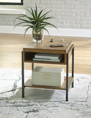  this urban contemporary end table is loaded with high style and convenience. The wood sports a light