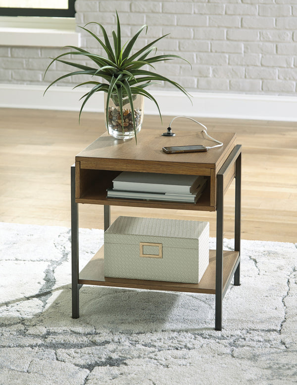  this urban contemporary end table is loaded with high style and convenience. The wood sports a light