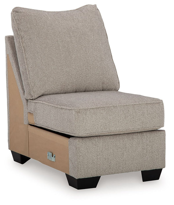 This armless chair is made with polyester upholstery. Pairs with other items in the series to make a sectional.<br><br><b>Additional Dimensions</b><br><ul><li>Seat depth: 22-"</li><li>Seat height: 20-"</li><li>Top of cushion to top of back: 20-"</li><li>L