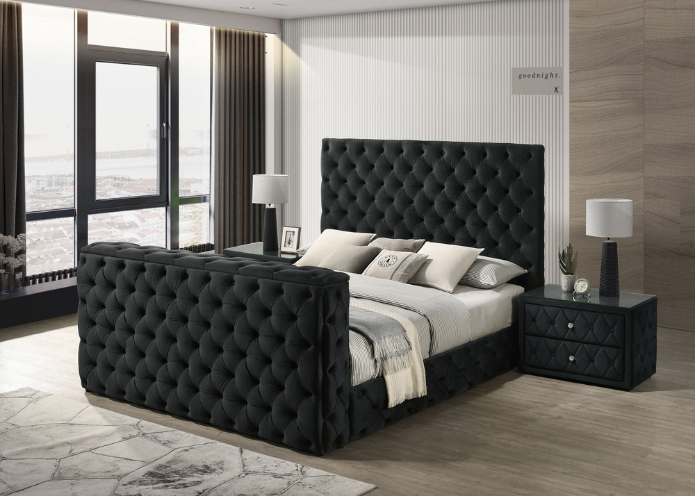 Indulge in the epitome of luxurious comfort and innovative design with this exquisite bed, a true masterpiece for those who appreciate both form and functionality in their sleeping quarters. Boasting a majestic, deeply tufted headboard, this bed is uphols