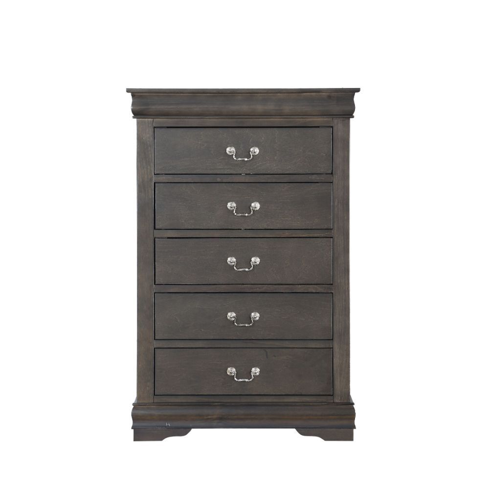 Bring casual elegance into your home with the Louis Phillipe bedroom collection. This five drawers chest offers any bedroom a sophisticated look. Finished in classic finish with metal hardware, the simple moldings and luxurious pull handles add subtle sty