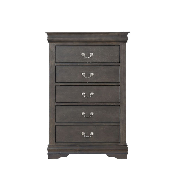 Bring casual elegance into your home with the Louis Phillipe bedroom collection. This five drawers chest offers any bedroom a sophisticated look. Finished in classic finish with metal hardware, the simple moldings and luxurious pull handles add subtle sty