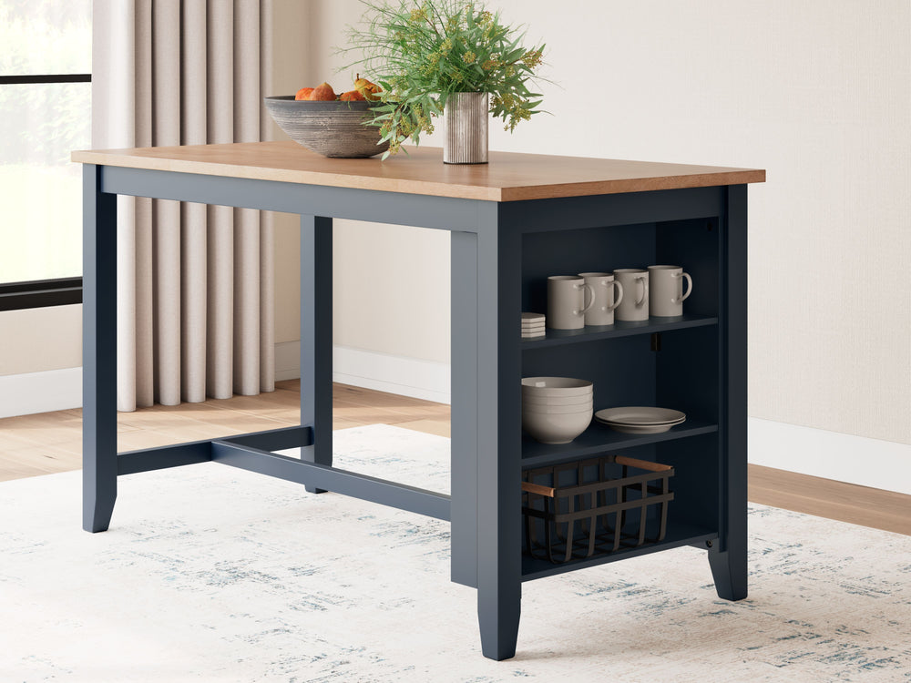 Complement your homeâ€™s simply relaxed sensibility with this counter height dining table. A dark blue hue offers a chic contrast to the natural wood tone, for a casual look that vibes with a variety of aesthetics. Built-in storage shelves keep kitchen an