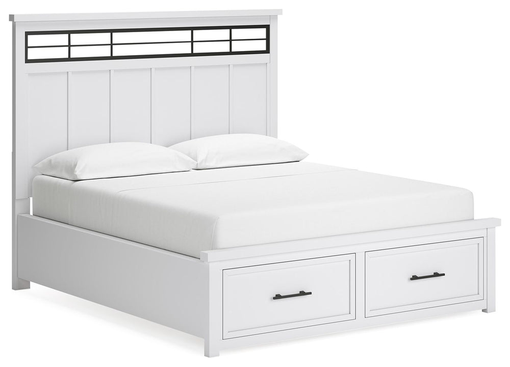 This California king panel storage bed delivers casual style with substance. An inset metal detail on the headboard displays a unique take on modern farmhouse design. The bed-'s sturdy silhouette, classic white finish and black pulls exude a comfortably c
