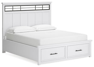 This California king panel storage bed delivers casual style with substance. An inset metal detail on the headboard displays a unique take on modern farmhouse design. The bed-'s sturdy silhouette, classic white finish and black pulls exude a comfortably c