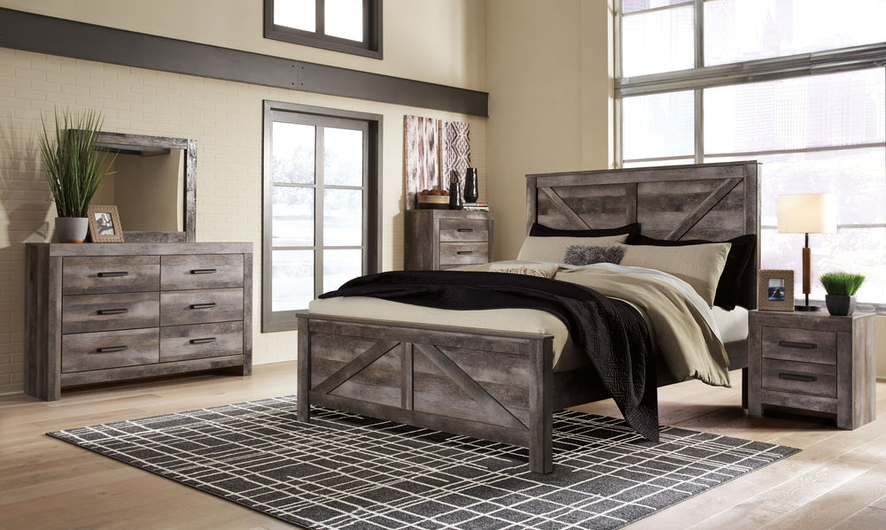 This crossbuck panel bedroom group is sure to win your heart with its daring designer take on modern rustic. This bedroomâ€™s crisp, clean and minimalist-chic profile is enriched with a striking replicated oak grain with thick plank styling and a weathere