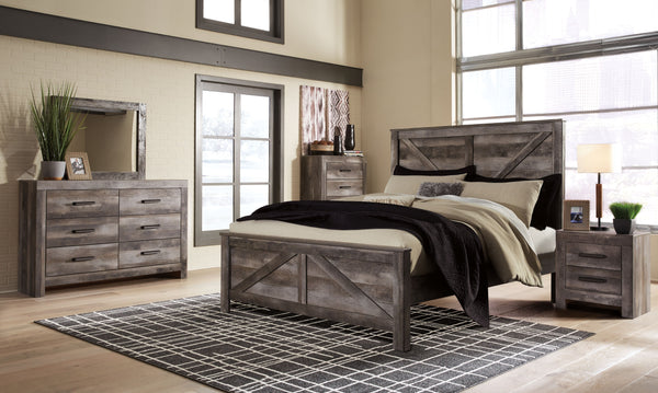 This crossbuck panel bedroom group is sure to win your heart with its daring designer take on modern rustic. This bedroomâ€™s crisp, clean and minimalist-chic profile is enriched with a striking replicated oak grain with thick plank styling and a weathere