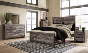 This crossbuck panel bedroom group is sure to win your heart with its daring designer take on modern rustic. This bedroomâ€™s crisp, clean and minimalist-chic profile is enriched with a striking replicated oak grain with thick plank styling and a weathere