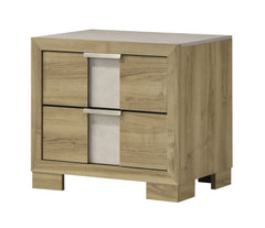 This bedroom set encapsulates modern minimalism, rendered in a soothing, natural wood finish that brings an organic, airy feel to any bedroom. The clean-lined bed boasts a broad headboard that stands as a subtle statement piece with integrated lighting. A
