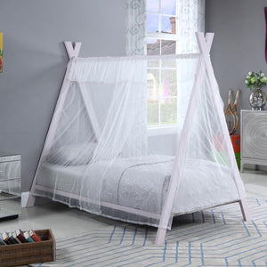  the frame features a charming tent-style design. The included sheer fabric canopy drapes over 