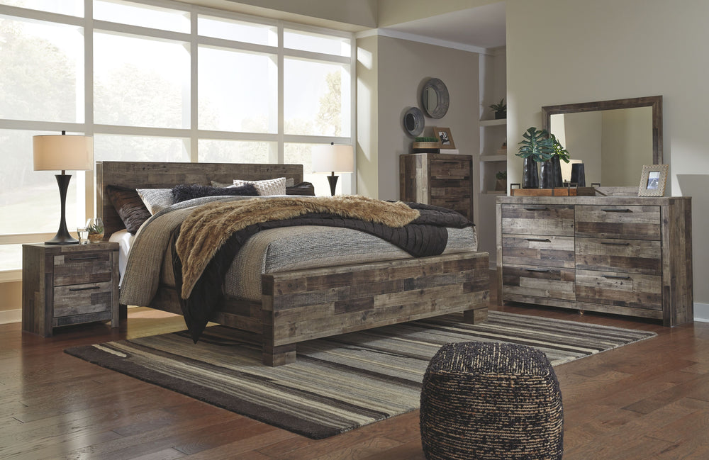 Rustic butcher block finish over replicated pine grain with authentic touch. Cases feature a framed front and pilasters. Bed features a thick and heavy design. Contemporary handles in an antiqued gunmetal finish. Side roller glides for smooth operating dr