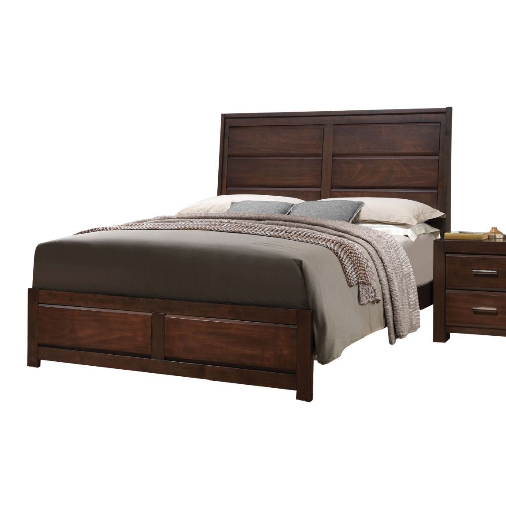 The Oberreit bedroom features transitional style, clean lines, that will bring a comfortable atmosphere to your home. This bed is a smart solution for keeping your bedroom simple and stylish, features warm walnut finish, panel headboard, low profile footb