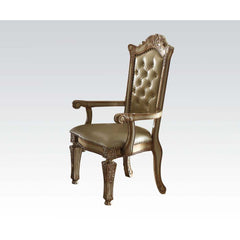 KD, Arm Chair Backrest: Button Tufted (Inside), Wood & Nailhead Trim Padded Seat: PU with Nailhead Trim Wooden Seat Apron with Molding Trim Wooden Tapered Leg: Floral Motif Arm Chair will not fit under the Table<br/><br/><b>Product Features</b><ul><li>Arm