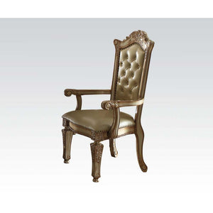 KD, Arm Chair Backrest: Button Tufted (Inside), Wood & Nailhead Trim Padded Seat: PU with Nailhead Trim Wooden Seat Apron with Molding Trim Wooden Tapered Leg: Floral Motif Arm Chair will not fit under the Table<br/><br/><b>Product Features</b><ul><li>Arm