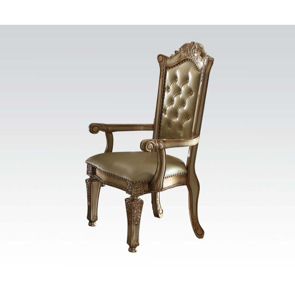 KD, Arm Chair Backrest: Button Tufted (Inside), Wood & Nailhead Trim Padded Seat: PU with Nailhead Trim Wooden Seat Apron with Molding Trim Wooden Tapered Leg: Floral Motif Arm Chair will not fit under the Table<br/><br/><b>Product Features</b><ul><li>Arm