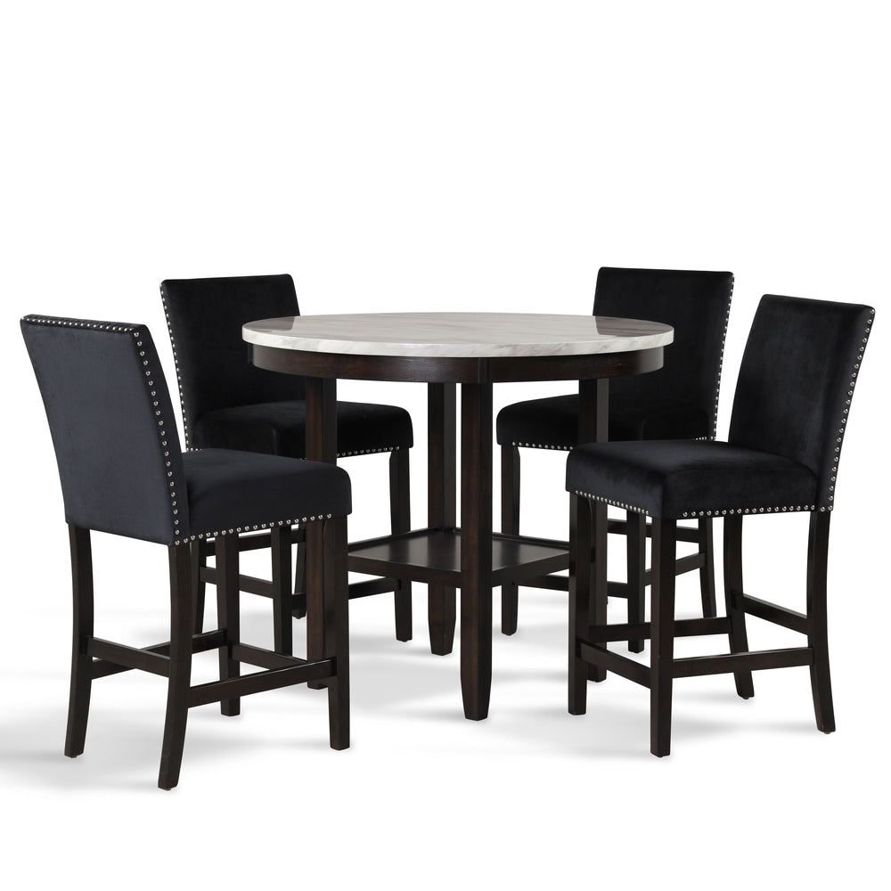 The Celeste 5-Piece Counter Dining Set is an exquisite combination of modern sophistication and enduring craftsmanship. This set includes a chic 42-inch counter table with an espresso base and a faux marble top, accompanied by four stunning black velvet c