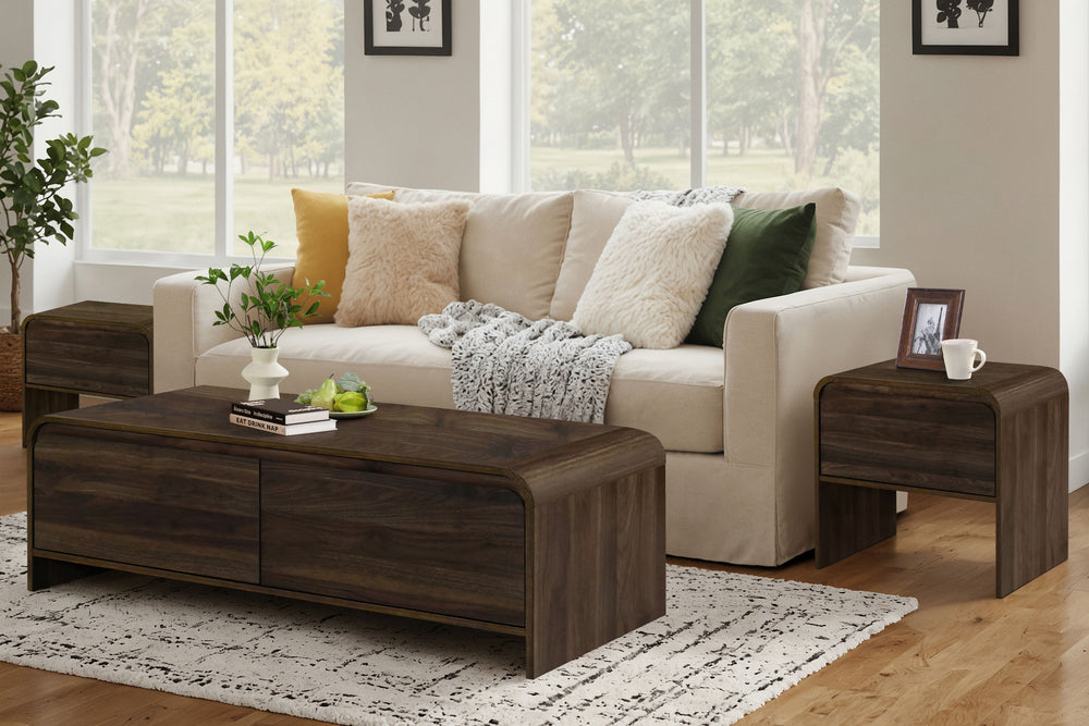The Mara 3-Piece Occasional Set offers a stylish and functional addition to any living space, featuring one coffee table and two end tables. Crafted from eco-friendly manufactured wood and covered in a durable, decorative laminate, these tables are both s