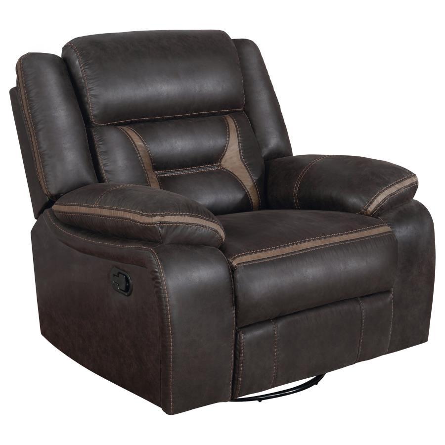 Take this terrific glider recliner and watch it become the favorite seat in your home. Leatherette upholstery adds to its softness and comfort. This glider-'s aesthetics are enhanced with contrasting stitching that offers more stylish appeal. Pocket coil 