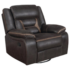Take this terrific glider recliner and watch it become the favorite seat in your home. Leatherette upholstery adds to its softness and comfort. This glider-'s aesthetics are enhanced with contrasting stitching that offers more stylish appeal. Pocket coil 