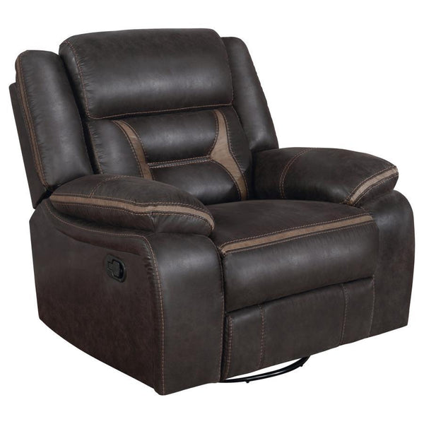 Take this terrific glider recliner and watch it become the favorite seat in your home. Leatherette upholstery adds to its softness and comfort. This glider-'s aesthetics are enhanced with contrasting stitching that offers more stylish appeal. Pocket coil 