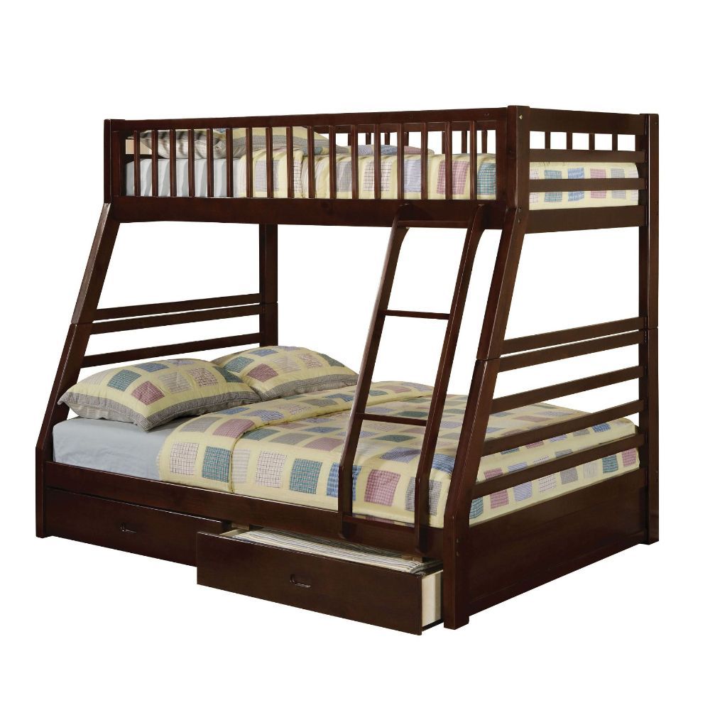 The Jason Bunk Bed is a great addition to any youth room. A twin upper bed and full size lower bed offer lots of space for sweet dreams. Carefully crafted with selected wood and veneers in rich, classic espresso finish gives this piece a stylish look and 
