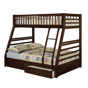 The Jason Bunk Bed is a great addition to any youth room. A twin upper bed and full size lower bed offer lots of space for sweet dreams. Carefully crafted with selected wood and veneers in rich, classic espresso finish gives this piece a stylish look and 