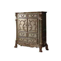 The Dresden chest is a new rendition to a classic style, finished in gold patina with a hint of gold. The antiqued look is further highlighted with hand applied burnish. This chest features five Felt-Lined drawers and two doors with detailed French front 