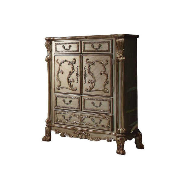 The Dresden chest is a new rendition to a classic style, finished in gold patina with a hint of gold. The antiqued look is further highlighted with hand applied burnish. This chest features five Felt-Lined drawers and two doors with detailed French front 