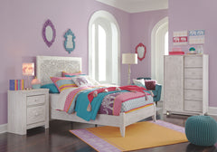 White wash replicated worn through paint with authentic touch. Exquisite carved medallion pattern on the headboard and cases. Headboard legs have multiple height options for optimal relationship to bedding height. Cases feature ornate hardware in a worn t