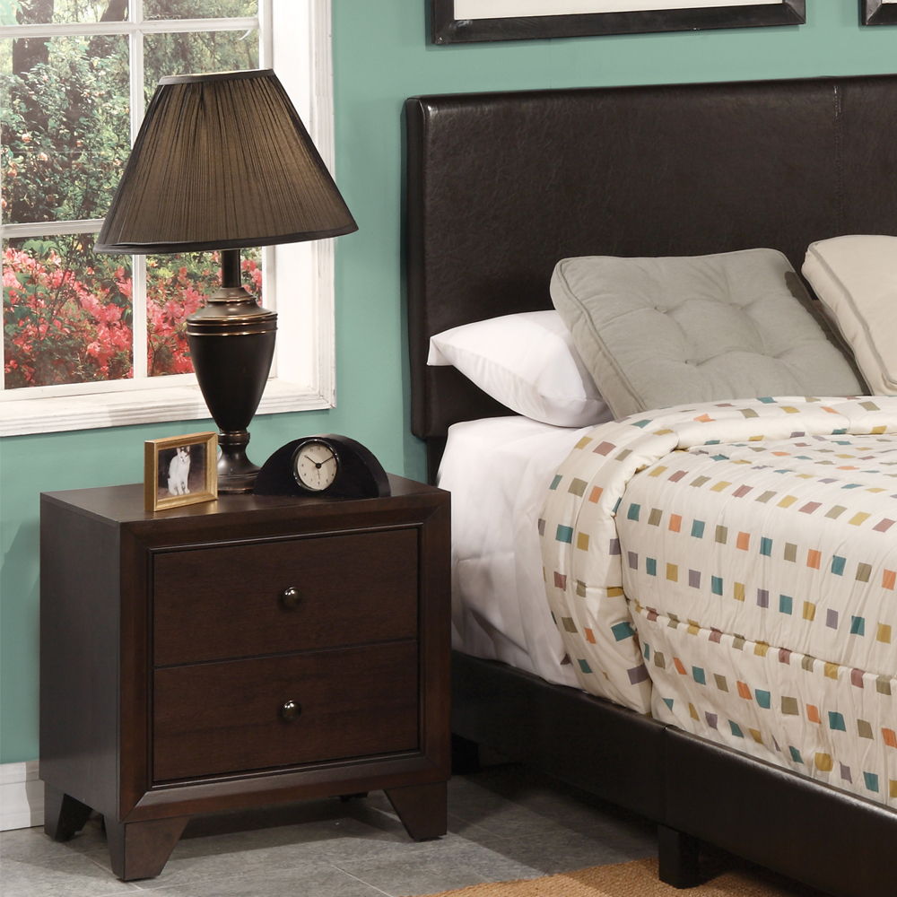 The Madison casual nightstand in espresso finish features two convenient drawers. All drawers have English dovetail with center metal glides. The elegant medium brown color and clean lines of this collection are both pleasing and subtle.<br/><br/><b>Produ