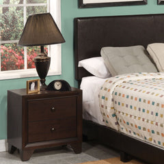 The Madison casual nightstand in espresso finish features two convenient drawers. All drawers have English dovetail with center metal glides. The elegant medium brown color and clean lines of this collection are both pleasing and subtle.<br/><br/><b>Produ