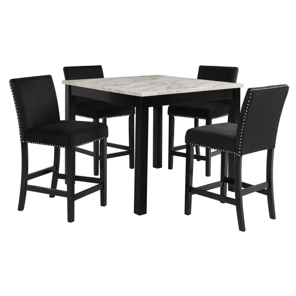 The Celeste 5-Piece Counter Height Dining set is a perfect blend of contemporary glamour and timeless functionality. This set includes a 42-inch square counter height dining table with an espresso base and a faux marble top featuring white with gray veini