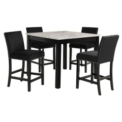 The Celeste 5-Piece Counter Height Dining set is a perfect blend of contemporary glamour and timeless functionality. This set includes a 42-inch square counter height dining table with an espresso base and a faux marble top featuring white with gray veini