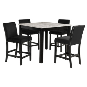 The Celeste 5-Piece Counter Height Dining set is a perfect blend of contemporary glamour and timeless functionality. This set includes a 42-inch square counter height dining table with an espresso base and a faux marble top featuring white with gray veini