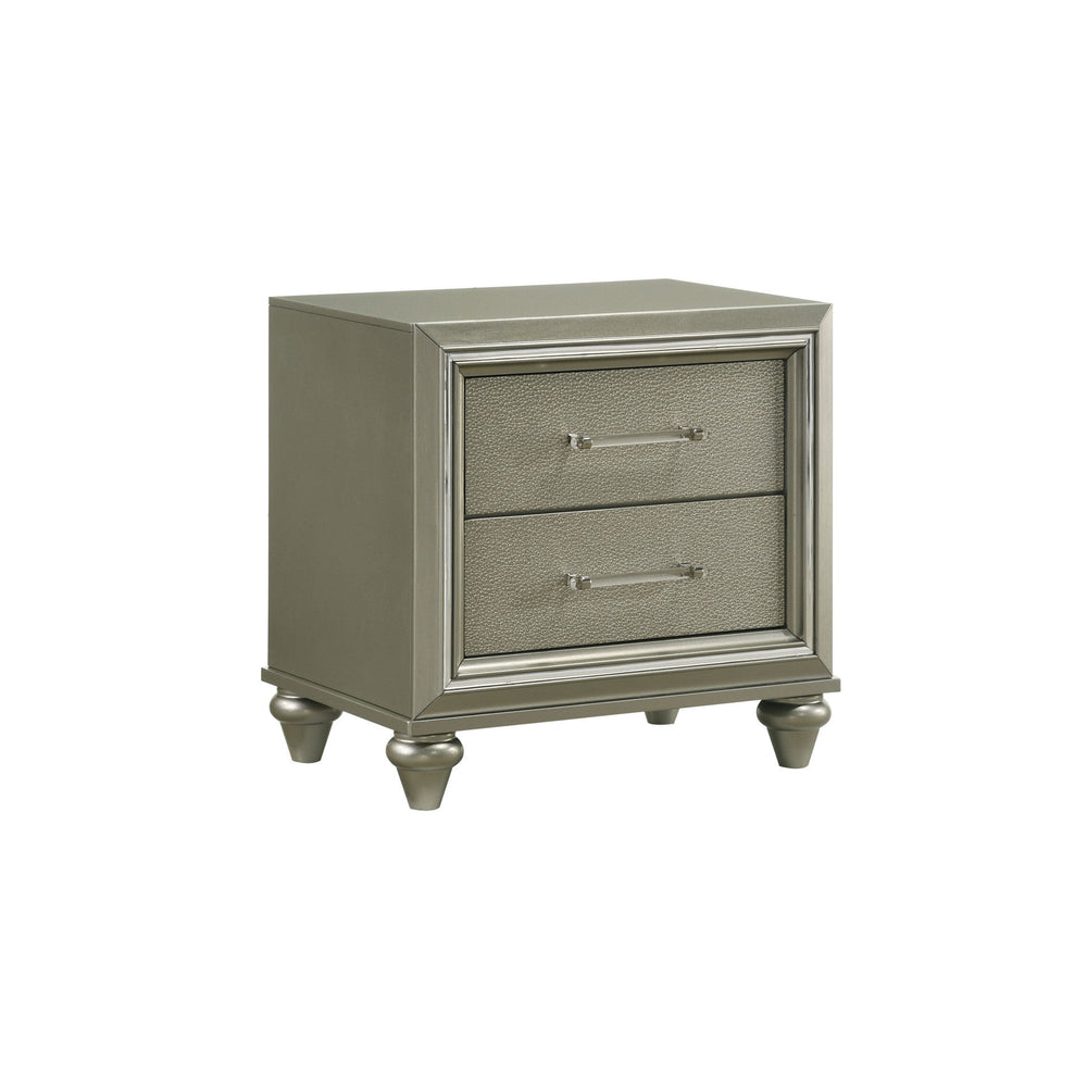 Meet the Lumina Nightstand, a durable fusion of solid Rubberwood and manufactured wood, enveloped in eco-friendly decorative laminate for enduring strength and stability. Its sleek exterior boasts a high gloss gray finish, complemented by embossed silver 