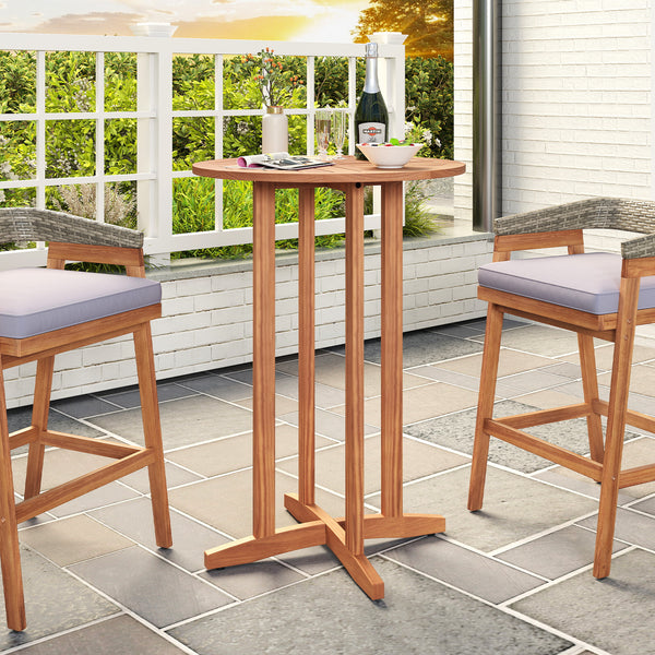 Solid acacia wood construction for long-term use (natural  sturdy)<br>Suitable for 2-4 people with a 28" round tabletop<br>Slatted tabletop ensures hassle-free cleaning<br>Reinforced connections for additional stability<br>Adjustable foot pads adapt to un
