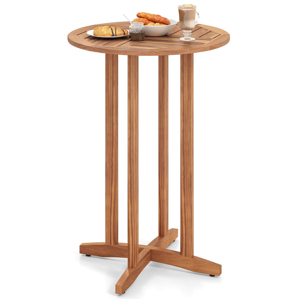 Solid acacia wood construction for long-term use (natural  sturdy)<br>Suitable for 2-4 people with a 28" round tabletop<br>Slatted tabletop ensures hassle-free cleaning<br>Reinforced connections for additional stability<br>Adjustable foot pads adapt to un