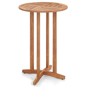 Solid acacia wood construction for long-term use (natural  sturdy)<br>Suitable for 2-4 people with a 28" round tabletop<br>Slatted tabletop ensures hassle-free cleaning<br>Reinforced connections for additional stability<br>Adjustable foot pads adapt to un