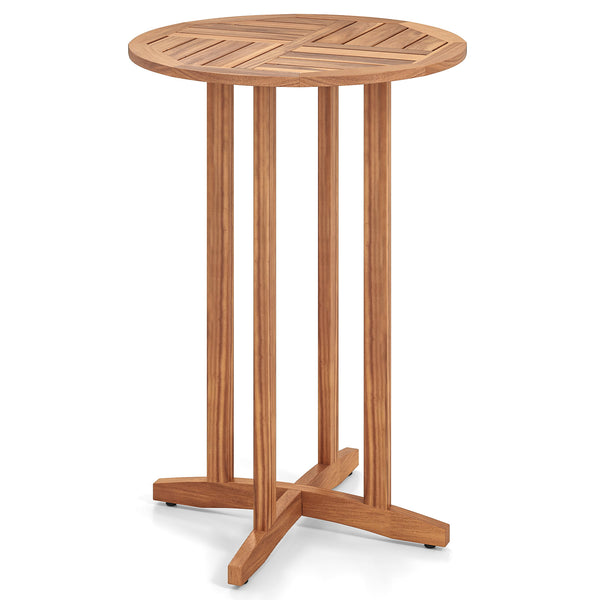 Solid acacia wood construction for long-term use (natural  sturdy)<br>Suitable for 2-4 people with a 28" round tabletop<br>Slatted tabletop ensures hassle-free cleaning<br>Reinforced connections for additional stability<br>Adjustable foot pads adapt to un