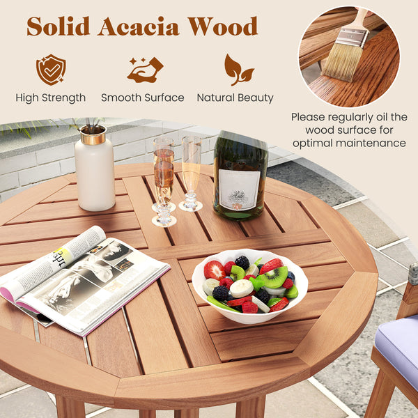 Solid acacia wood construction for long-term use (natural  sturdy)<br>Suitable for 2-4 people with a 28" round tabletop<br>Slatted tabletop ensures hassle-free cleaning<br>Reinforced connections for additional stability<br>Adjustable foot pads adapt to un