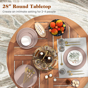 Solid acacia wood construction for long-term use (natural  sturdy)<br>Suitable for 2-4 people with a 28" round tabletop<br>Slatted tabletop ensures hassle-free cleaning<br>Reinforced connections for additional stability<br>Adjustable foot pads adapt to un