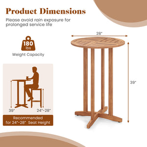 Solid acacia wood construction for long-term use (natural  sturdy)<br>Suitable for 2-4 people with a 28" round tabletop<br>Slatted tabletop ensures hassle-free cleaning<br>Reinforced connections for additional stability<br>Adjustable foot pads adapt to un
